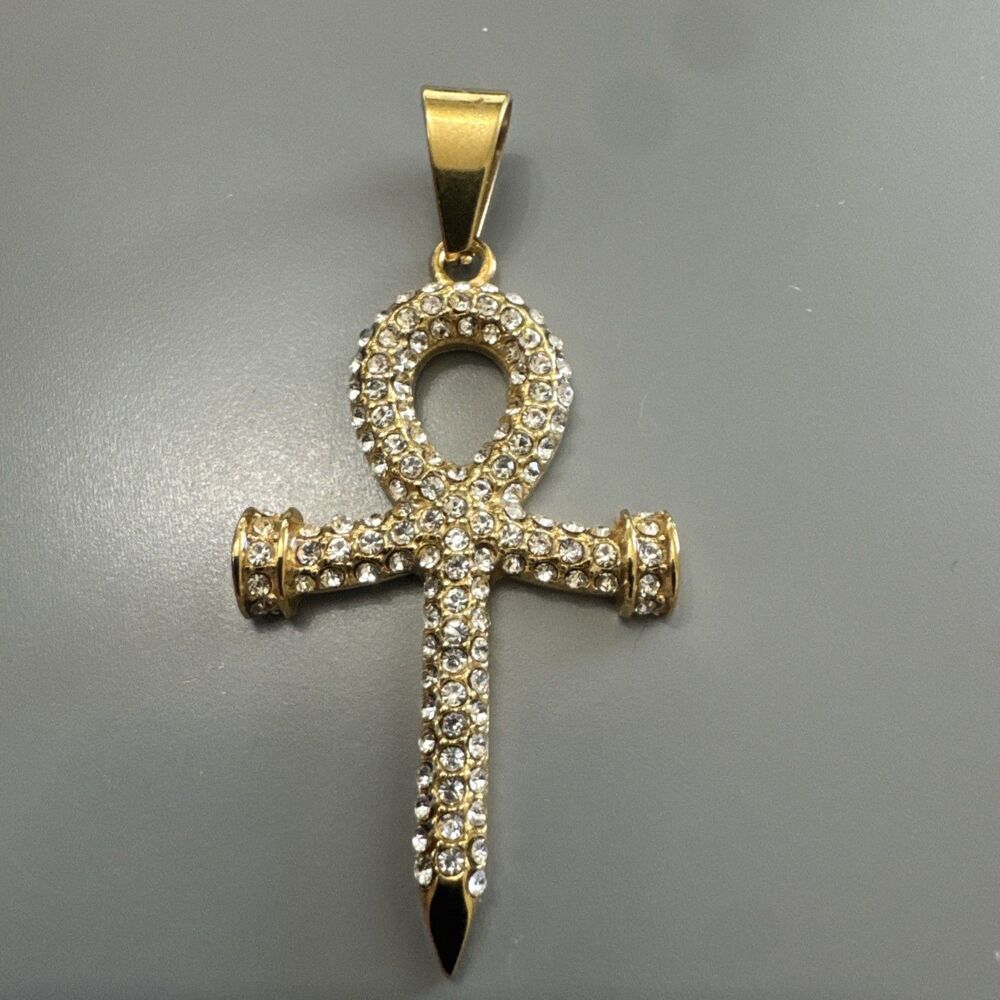Gold Plated Cubic Zirconia Stainless Steel Egyptian Ankh Cross Pendant 24” Chain